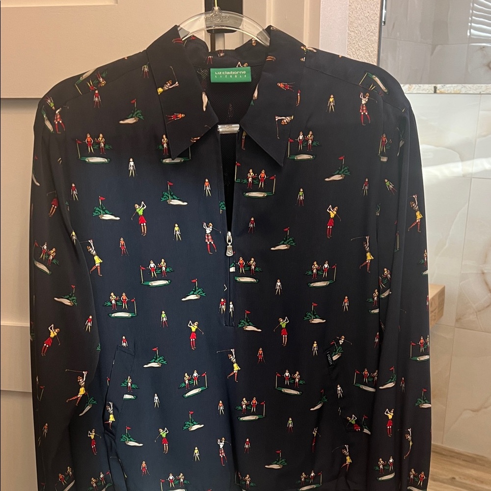 Liz Claiborne Navy Golf Print Quarter zip wind breaker